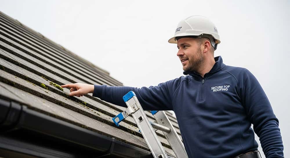 Roofer from Secure Top Roofing inspecting moss growth on a Dublin roof