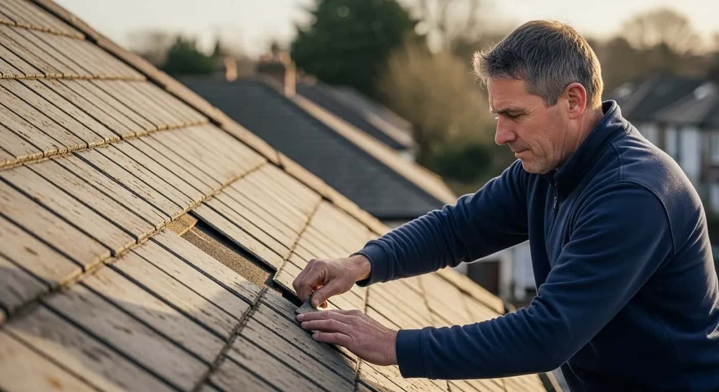 Roofer re-bedding ridge tiles on a 1990s semi-detached concrete-tile roof in Carpenterstown, with neighbouring Riverwood estate rooftops in the background.