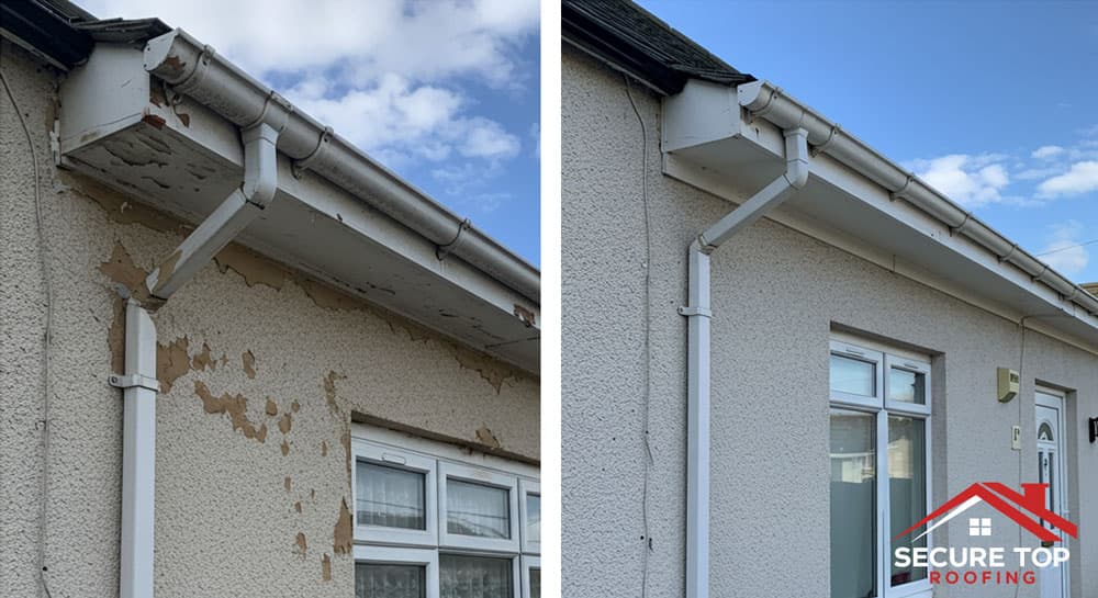 Before and after images showing damaged fascia with peeling paint and misaligned gutters transformed to pristine white fascia with properly functioning drainage system