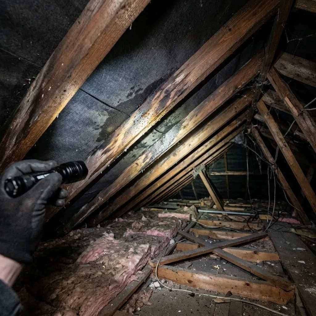 Torch illuminating damp staining and condensation on attic timber rafters during a home inspection