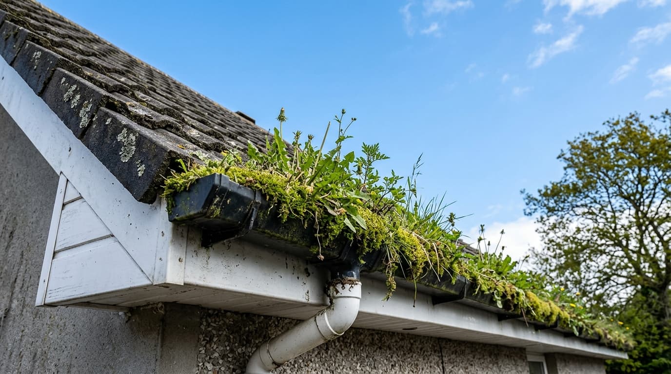 Gutter filled with moss and plants after a dry summer spell.