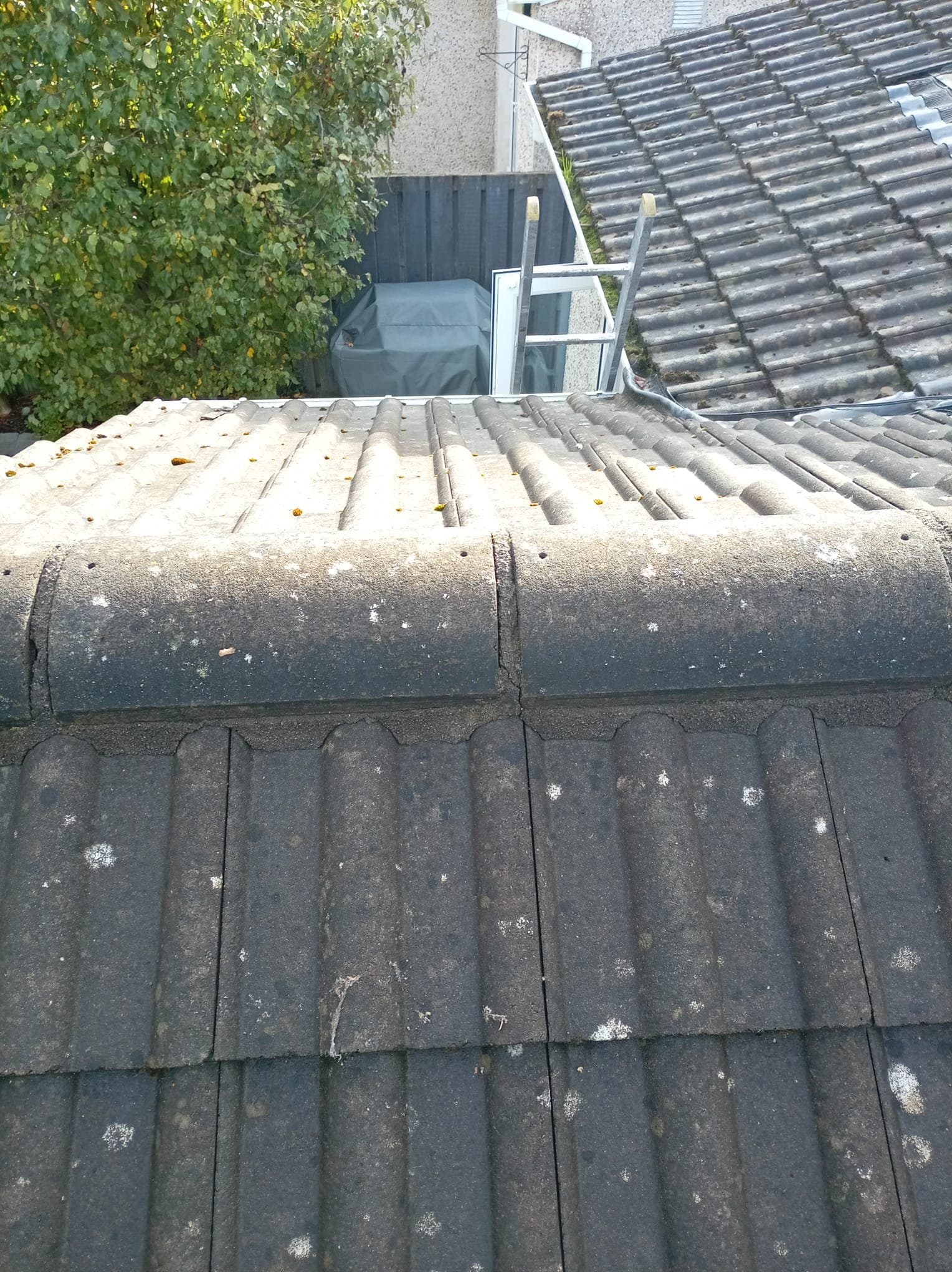 Worn mortar beneath extension ridge caps before repair in Clonsilla.