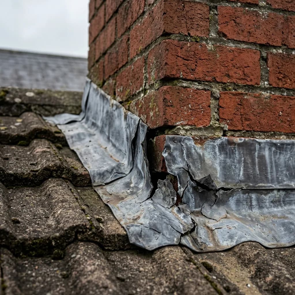 Damaged lead flashing lifted away from chimney brickwork on a Dublin roof allowing water ingress