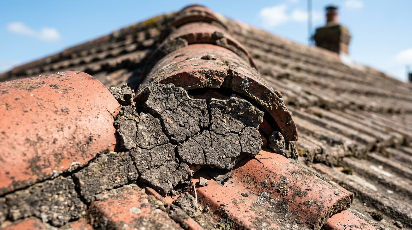 Cracked and missing mortar around ridge tiles on an older roof.