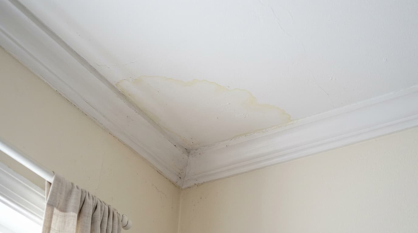 Faint ceiling water stain left after an earlier roof leak.