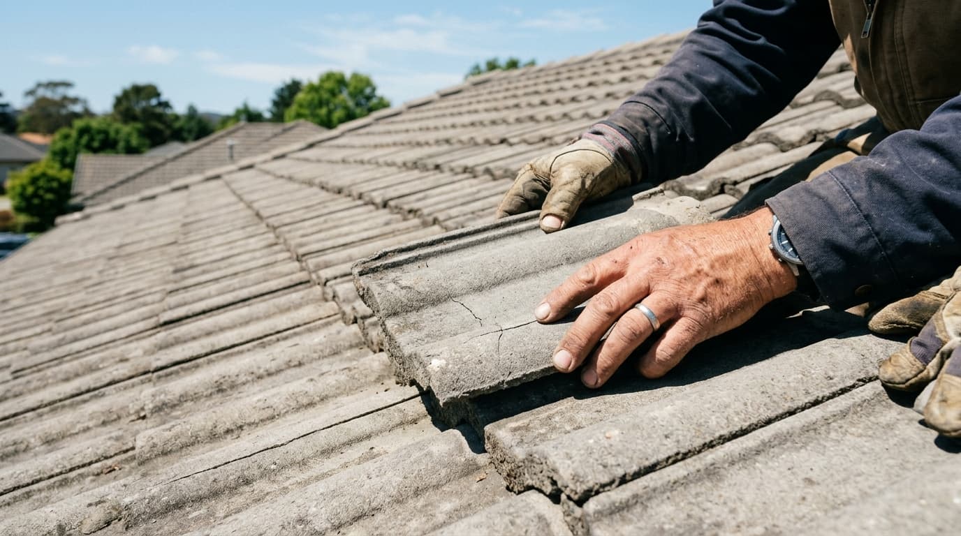 Roofer checking a concrete roof tile during a dry-weather inspection.