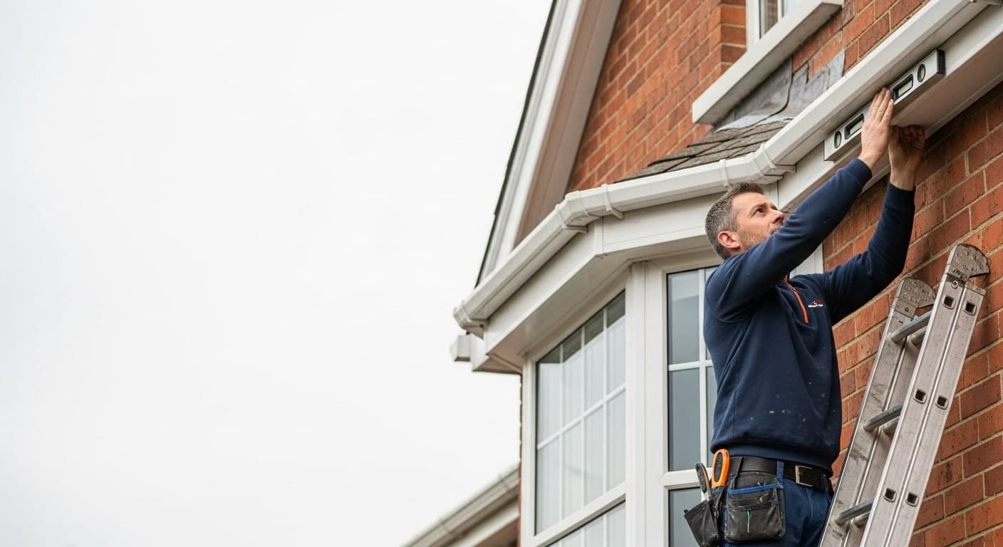 Best Dublin roofer installing white fascia and black guttering on a red-brick semi-detached home. Seen from a ladder, carefully aligning the soffit and gutter with a spirit level.