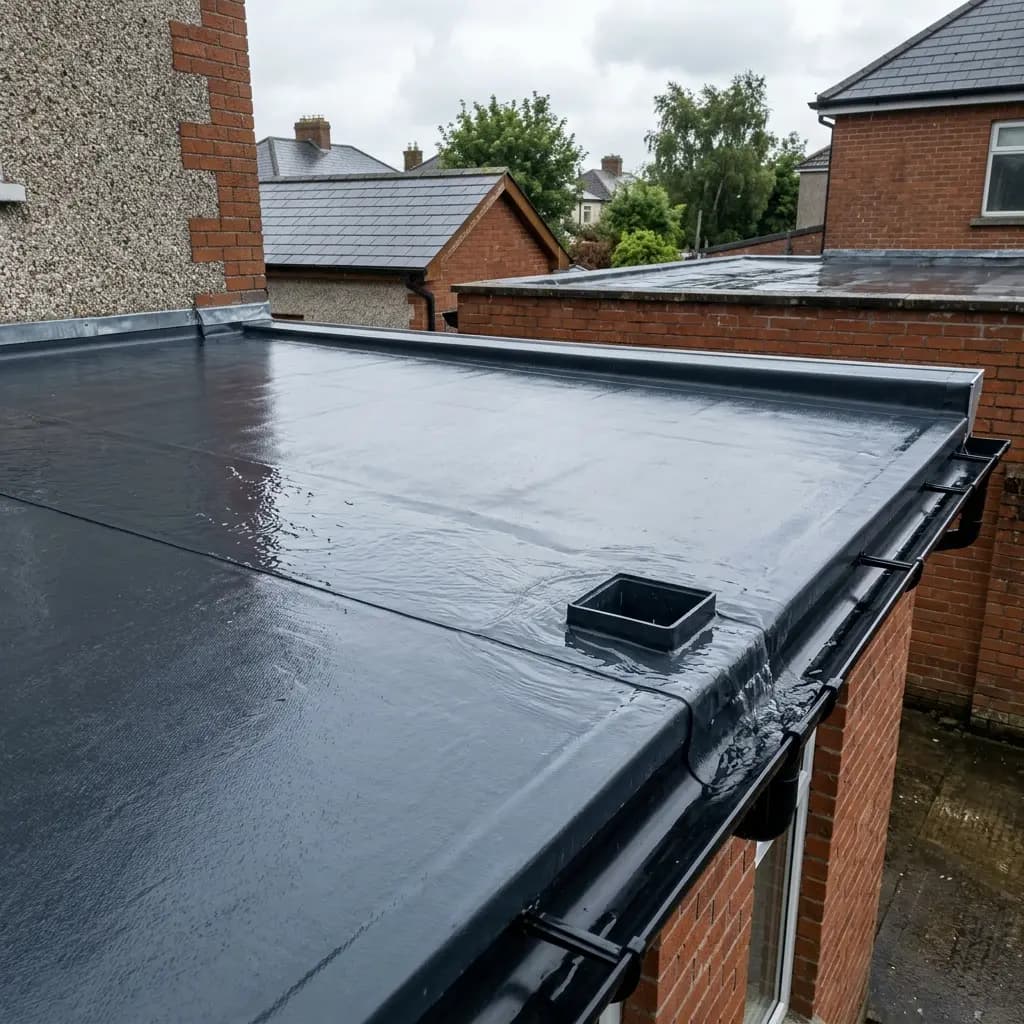 EPDM flat roof showing the membrane, perimeter edge and external gutter that form part of the drainage route.