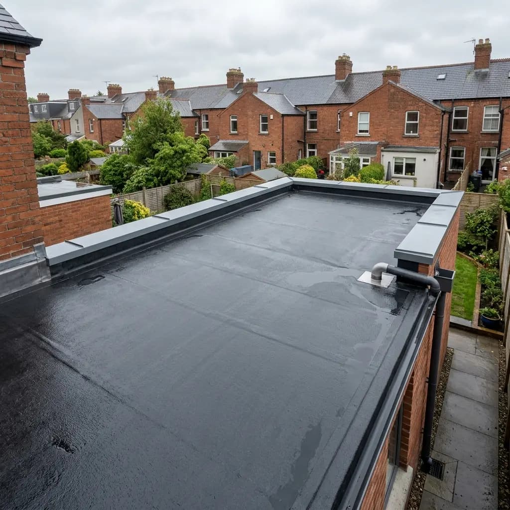 Finished Dublin flat roof with a smooth waterproof surface and clear drainage falls.