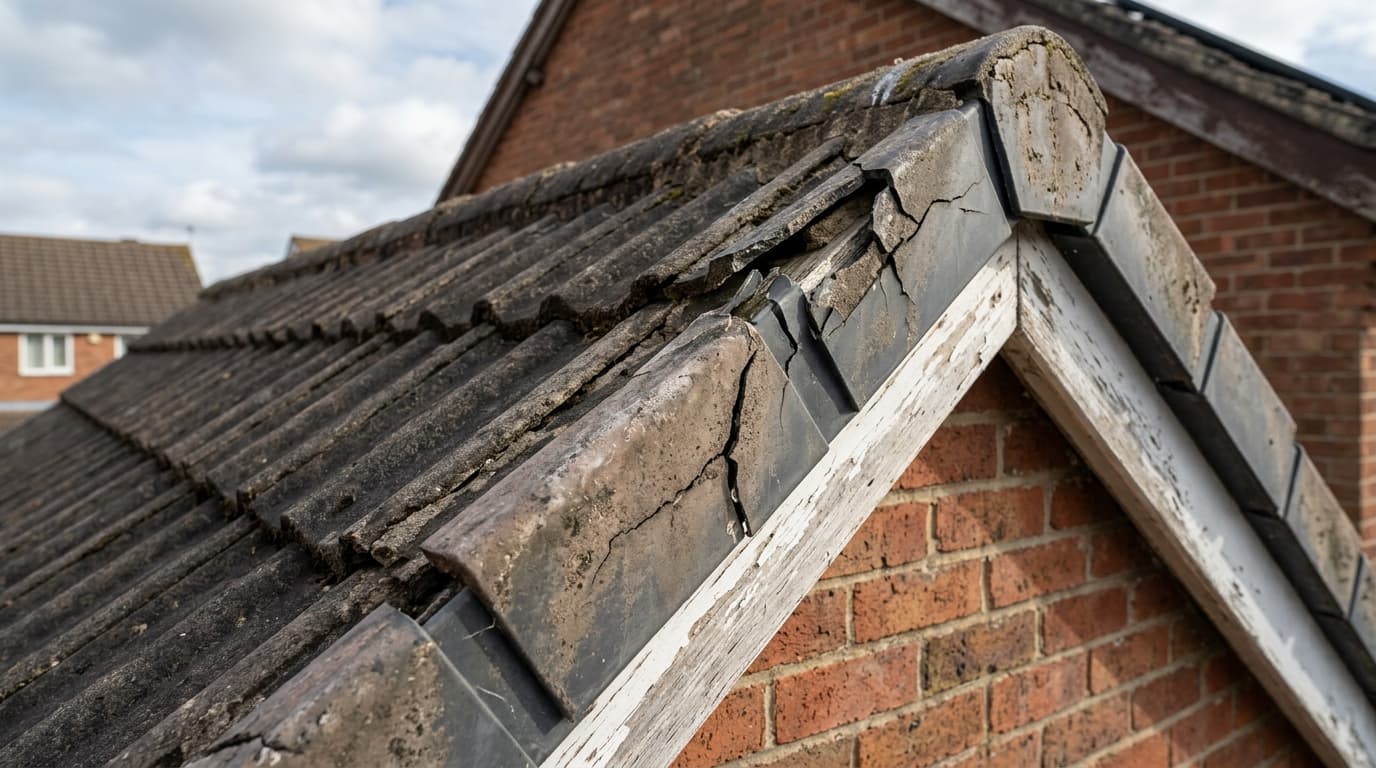 Close up of a brittle plastic dry verge on a gable end in Leixlip needing replacement
