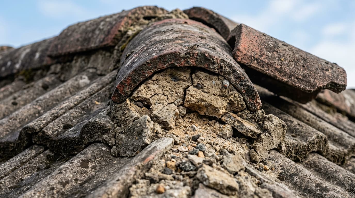 Roofer re-bedding ridge tiles on a 1980s detached house in West Dublin showing typical mortar decay